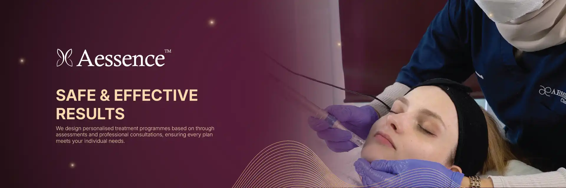 A patient undergoing a skin treatment at Aessence Clinic, with text next to her describing how Aessence Clinic provides personalized treatments and consultations to meet the unique requirements of each individual.